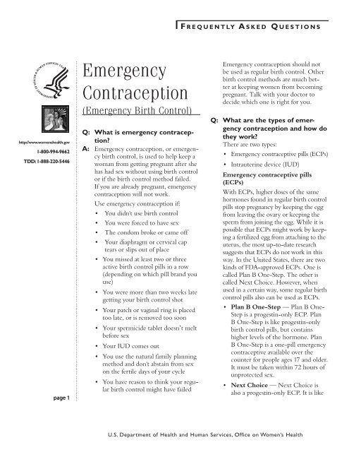 Emergency Contraception Fact Sheet - WomensHealth.gov