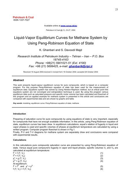 Liquid-Vapor Equilibrium Curves for Methane System by Using ...