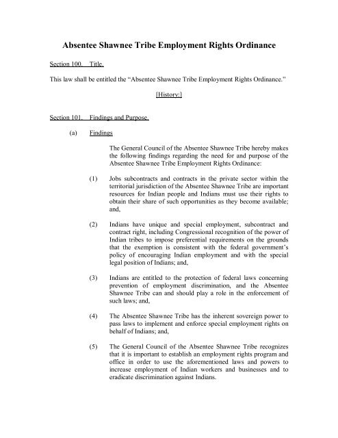 Absentee Shawnee Tribe Employment Rights Ordinance