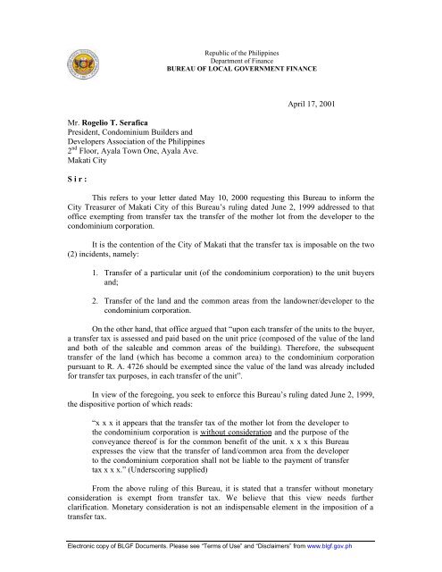 April 17 2001 Mr Rogelio T Serafica President Condominium