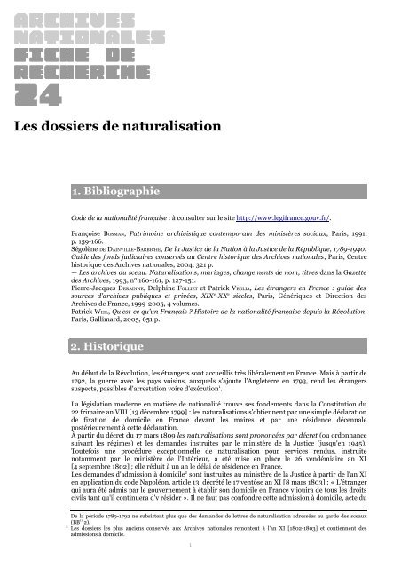 Fiche 24 - Les dossiers de naturalisation - Archives nationales