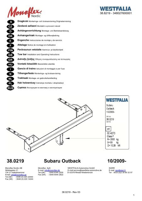 38.0219 Subaru Outback 10/2009-