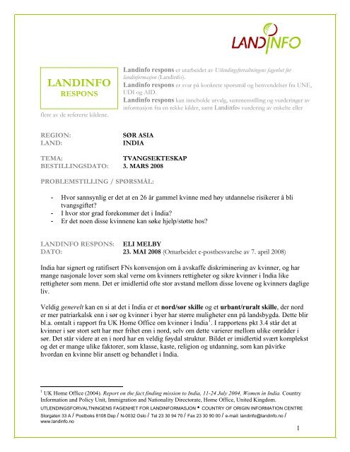 Landinfo respons India: Tvangsekteskap / Eli Melby 23.05.2008