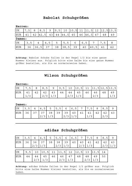 Babolat Schuhgrößen Wilson Schuhgrößen adidas Schuhgrößen