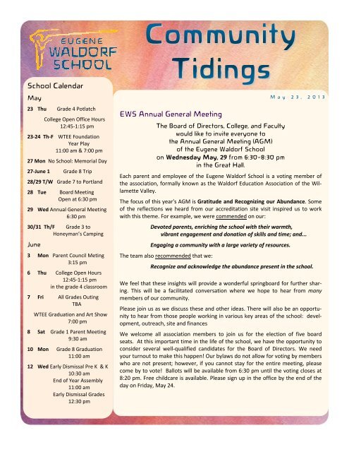 School Calendar EWS Annual General Meeting - Eugene Waldorf ...