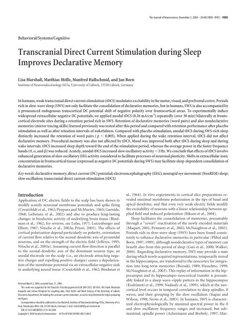 Transcranial Direct Current Stimulation during Sleep Improves ...