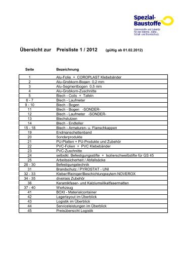 Übersicht zur Preisliste 1 / 2012 (gültig ab 01.02 ... - Spezial-Baustoffe