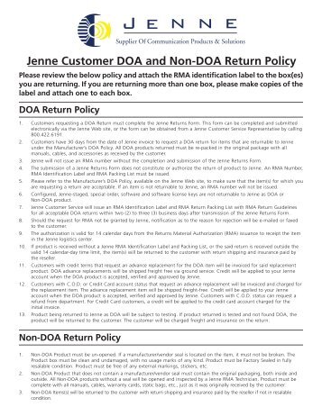 Jenne Customer DOA and Non-DOA Return Policy