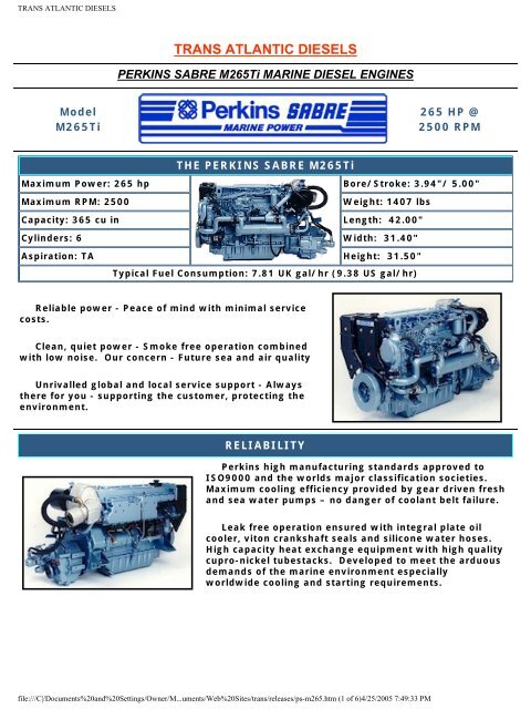 PERKINS SABRE M265Ti MARINE DIESEL ENGINES