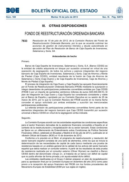 DisposiciÃ³n 7833 del BOE nÃºm. 169 de 2013 - Caja EspaÃ±a-Duero