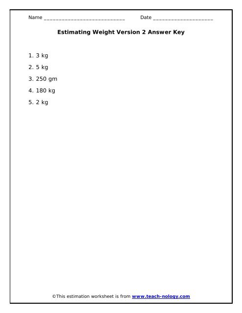 Estimating Weight Version 2 3 kg 200 gm 700 gm 5 ... - Teach-nology