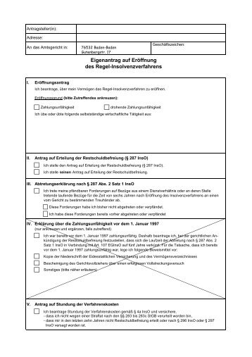 Vordruck Regelinsolvenz - Amtsgericht Baden-Baden
