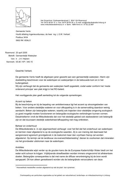 Reactie op gemeentelijk waterplan Venlo - Milieufederatie Limburg