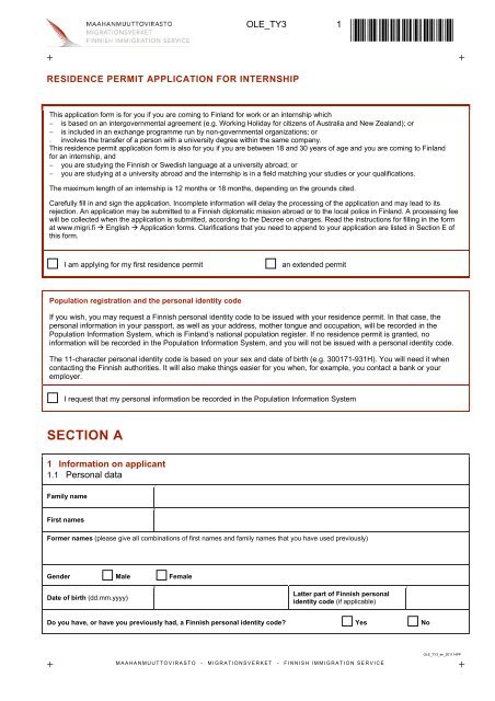 Residence Permit Application For Internship - Maahanmuuttovirasto