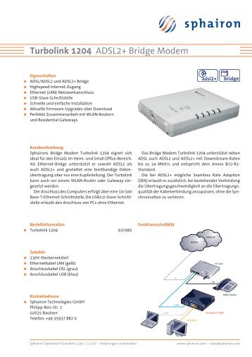 Turbolink 1204 ADSL2+ Bridge Modem - Sphairon