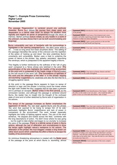 Paper 1 â Example Prose Commentary Higher Level November 2005