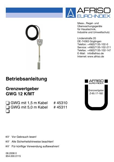 Betriebsanleitung fÃ¼r Grenzwertgeber 12 K/5 MT mit mech ... - Wekonn