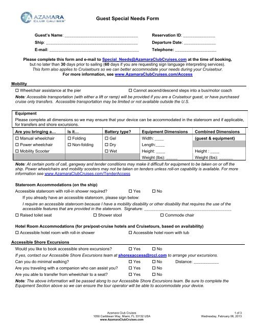 Guest Special Needs Form - Azamara Club Cruises