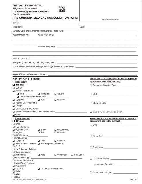 PRE-SURGERY MEDICAL CONSULTATION FORM - Valley Hospital