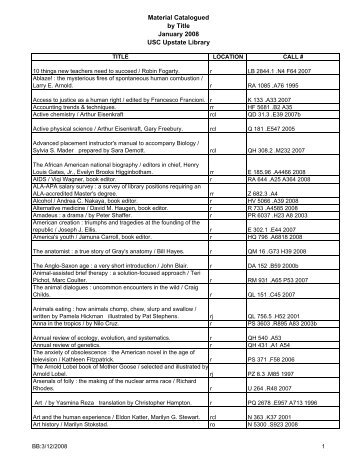 Material Catalogued by Title January 2008 USC Upstate Library