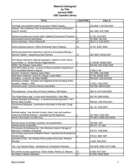 Material Catalogued by Title January 2008 USC Upstate Library