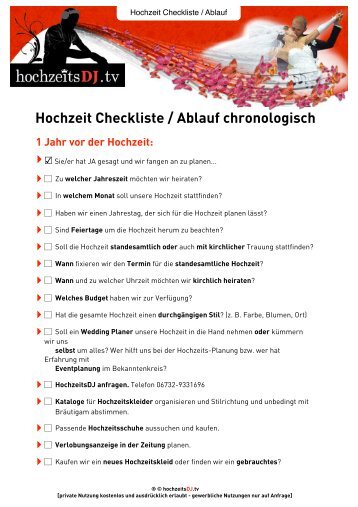 Hochzeit Checkliste / Ablauf chronologisch - hochzeitsDJ.tv