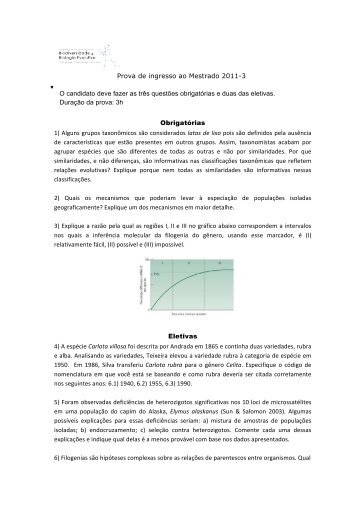 Prova de Biodiversidade e Biologia Evolutiva 2011/3 - Instituto de ...