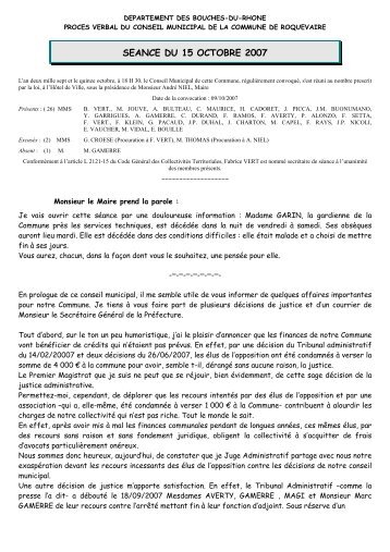 Compte-rendu du conseil municpal de Roquevaire du 15/10/2007