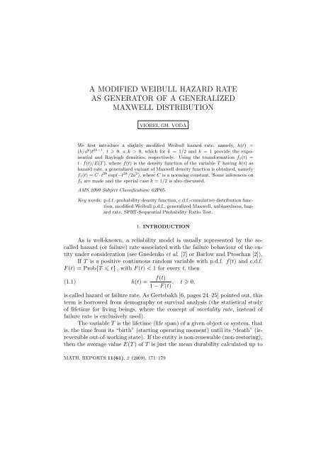 A Modified Weibull Hazard Rate As Generator Gheorghe Mihoc