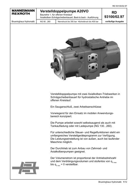 RD 93100/02.97 Verstelldoppelpumpe A20VO - Group VH A/S