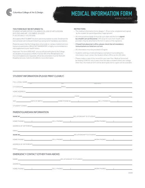 MEDICAL INFORMATION FORM - Columbus College of Art & Design