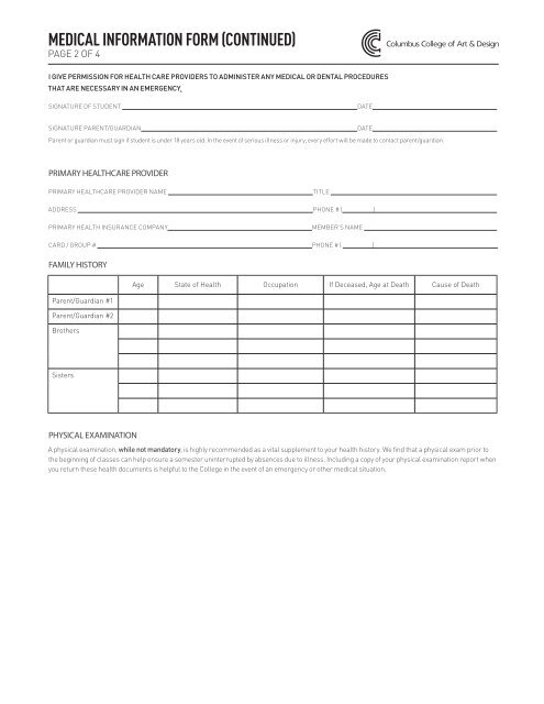 MEDICAL INFORMATION FORM - Columbus College of Art & Design