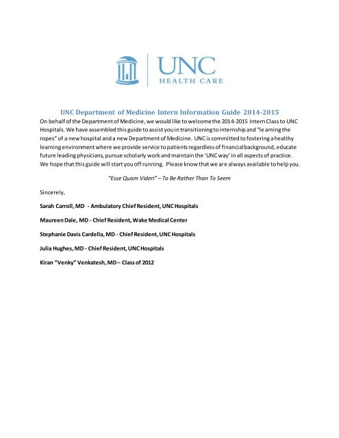 Intern Survival Guide 2013-14 - the UNC Department of Medicine