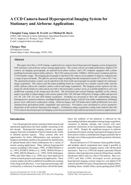 A CCD Camera-based Hyperspectral Imaging System for Stationary ...