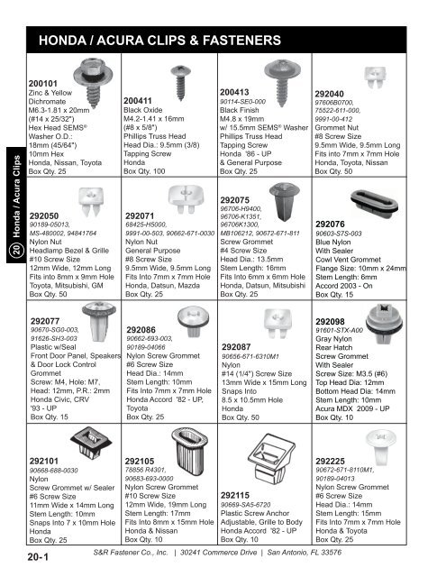 Honda Acura Clips Indd S R Fastener Co Inc