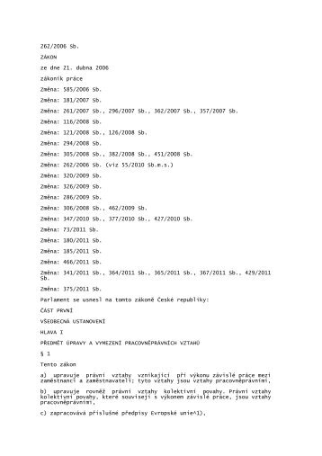 262/2006 Sb zÃ¡konÃ­k prÃ¡ce ke dni 30.5.2012