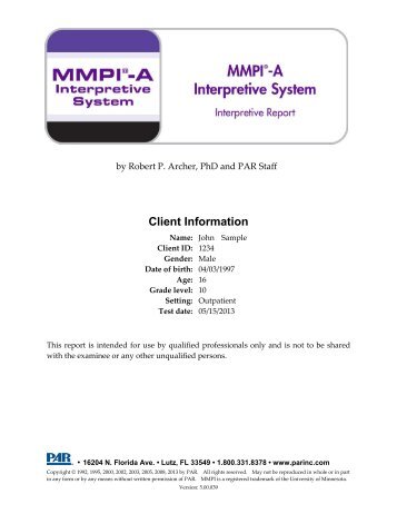 MMPI-A Interpretive Report - Psychological Assessment Resources ...