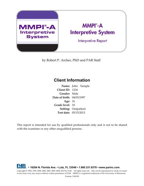 MMPI-A Interpretive Report - Psychological Assessment Resources ...