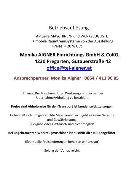 Betriebsauflösung Monika AIGNER Einrichtungs GmbH & CoKG ...