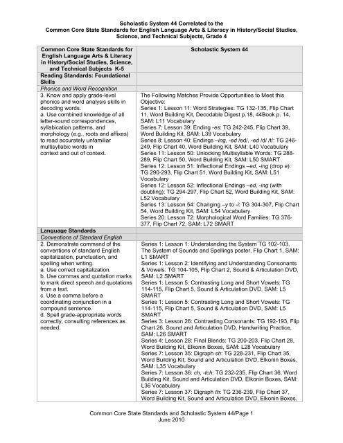 Scholastic System 44 Common Core State Standards for English ...