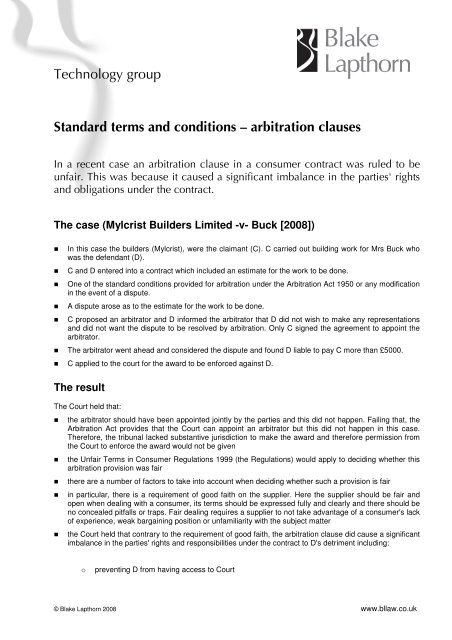 Standard terms and conditions - arbitration clauses - Blake Lapthorn