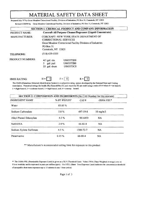 All Purpose Cleaner Degreaser MSDS Sheet - Corcraft