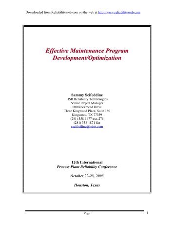 Effective Maintenance Program Development/Optimization