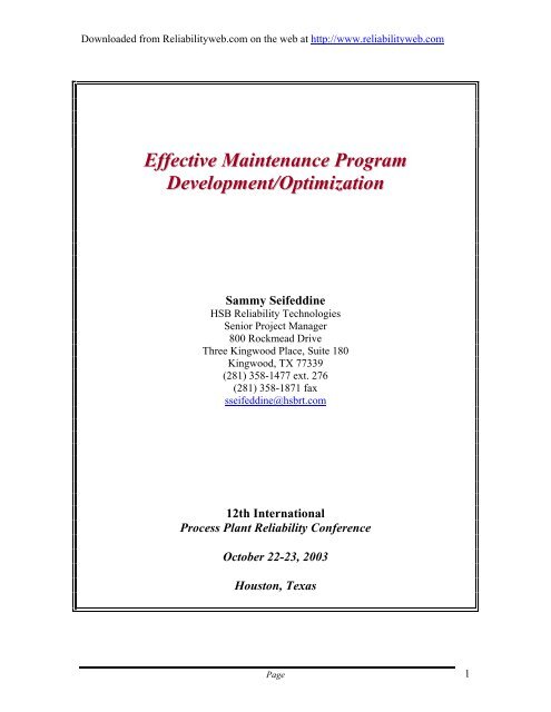 Effective Maintenance Program Development/Optimization