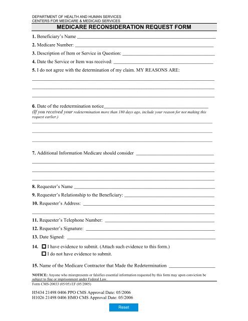 MEDICARE RECONSIDERATION REQUEST FORM