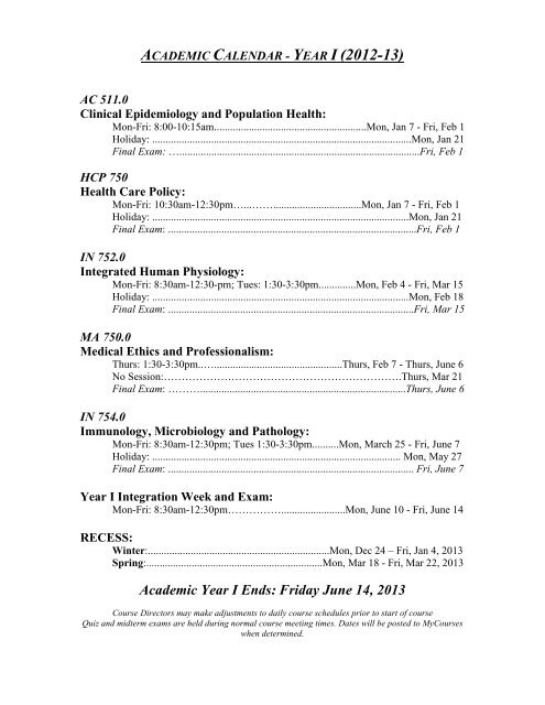 academic calendar - year i (2012-13) - Harvard Medical School