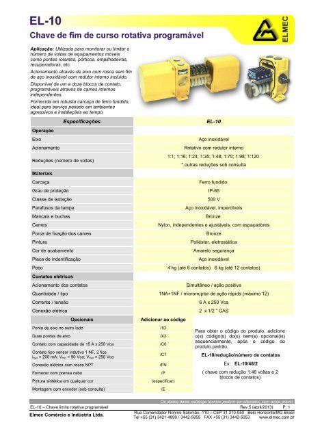 EspecificaÃ§Ãµes EL-10 - Elmec ComÃ©rcio e IndÃºstria Ltda