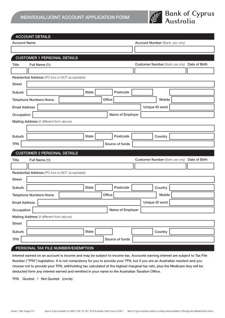 INDIVIDUAL/JOINT ACCOUNT APPLICATION FORM - Delphi Bank