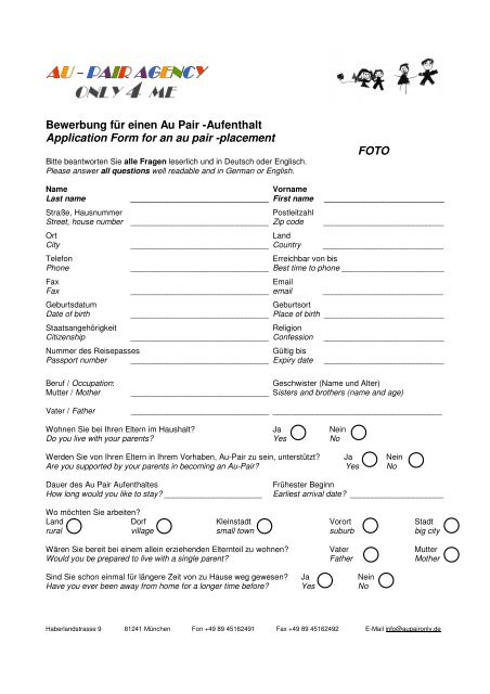 Bewerbung für einen Au Pair -Aufenthalt Application Form for an au ...