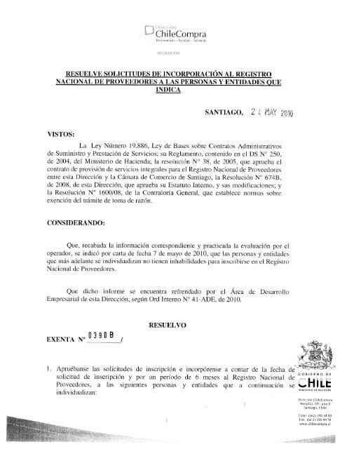 ResoluciÃ³n Proveedores Inscritos Abril 2010 - Chileproveedores
